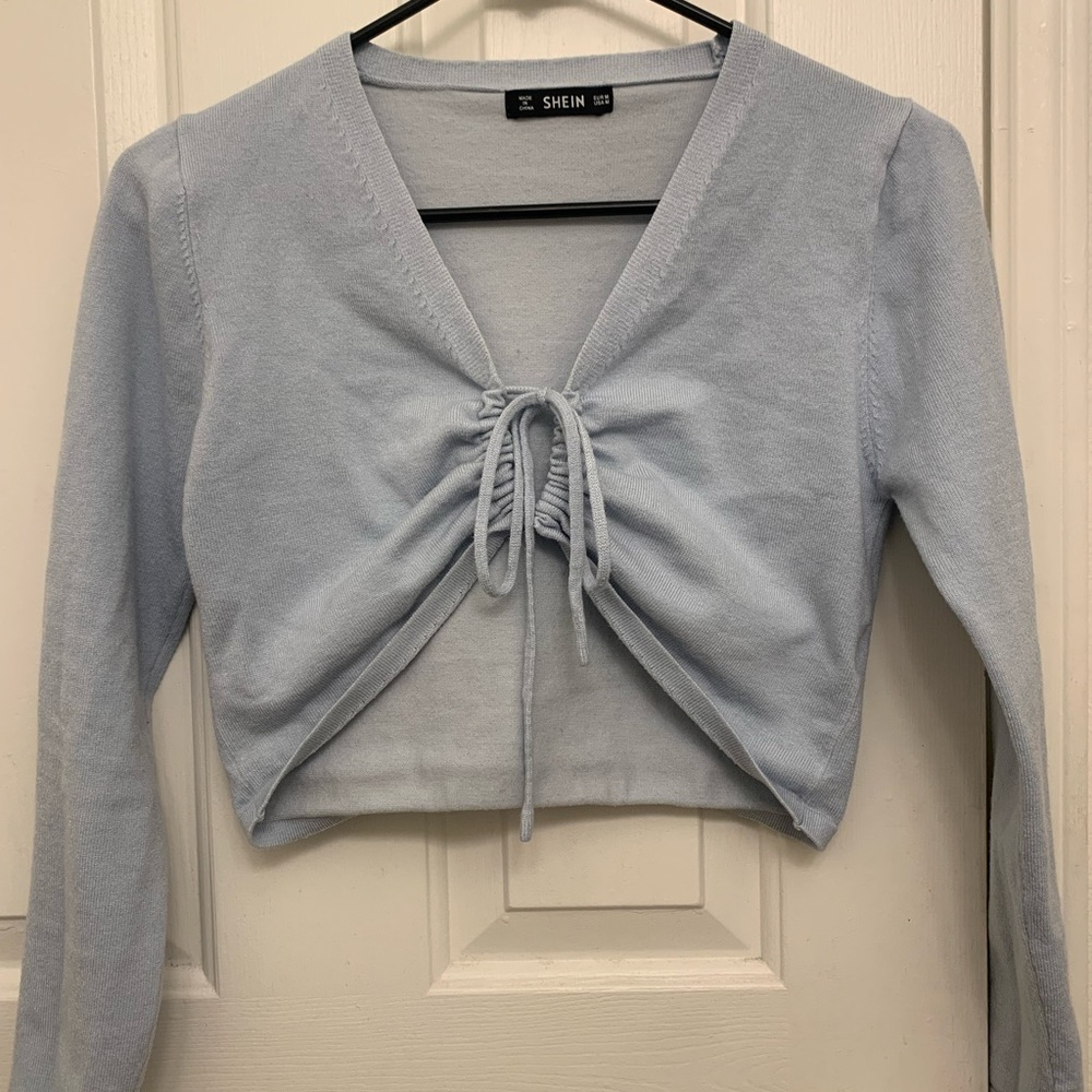 Shein Blue Long-sleeve Cropped Tie Top